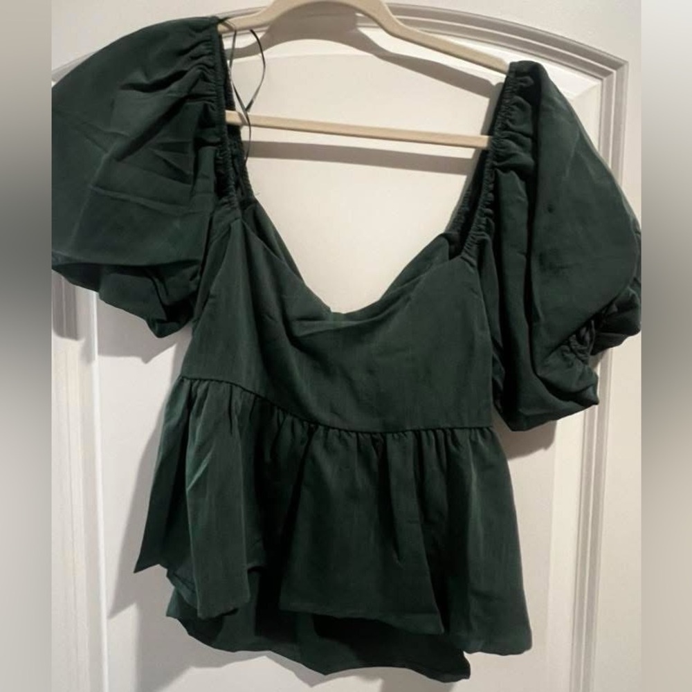 Dark Green Puff Sleeve Peplum Top